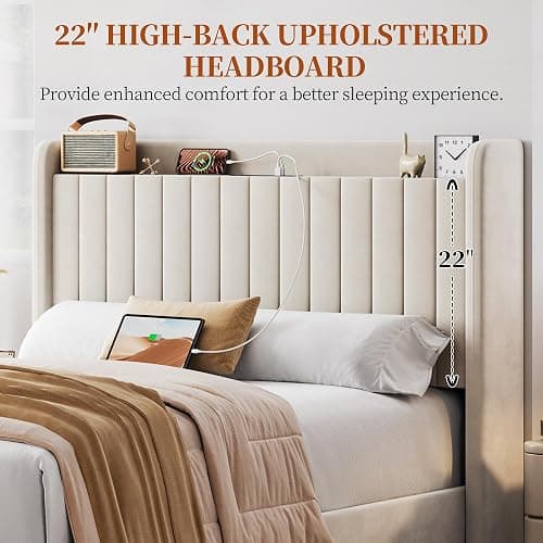 Yaheetech Full Size Bed Frame with USB Charging Station and Storage Shelf/Upholstered Headboard Platform Bed with Wing Side/Wooden Slats Support/Noise Free/No Box Spring Needed/Easy Assembly, Beige thumbnail 7