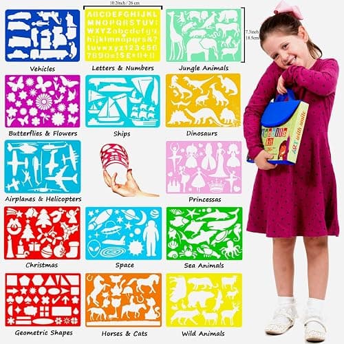 Drawing Stencils Set for Kids (55 Piece) - Arts and Crafts Set for Girls & Boys - Christmas & Birthday Gifts for Kids 4 5 6 7 8 9+ Year Old - Ideal Creativity Kit & Travel Activity with 300+ Shapes thumbnail 2