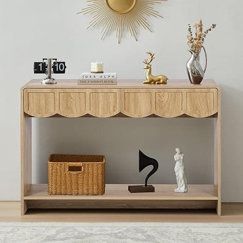 ORRD Console Table with Drawers, Mid-Century 43 Inches Narrow Entryway Table with Open Storage Shelves, Hallway Accent Tables Behind Couch Tables for Living Room - Natural thumbnail 3