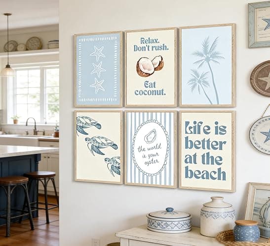 6Pcs Coastal Beach Poster Wall Art,Blue Preppy Beach Painting Picture Wall Decor,Sea Turtle Starfish Palm Tree Canvas Print Artwork for Bathroom,Bedroom,Living Room,Beach House Home Decor Unframed thumbnail 2