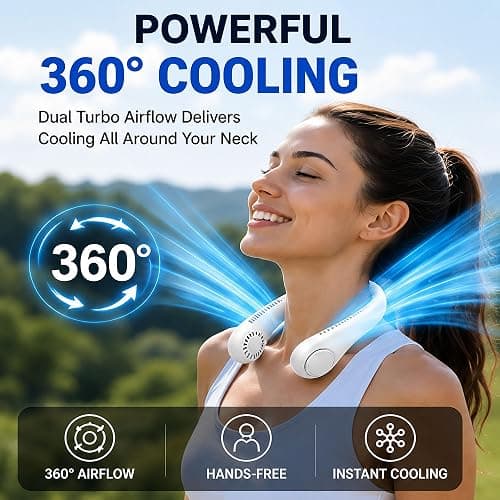 QYKCGQ Portable Neck Fan Rechargeable 4000mAh, Hands Free Wearable Personal Fan with 3 Speeds, 360° Adjustable Dual Fan Heads, Bladeless Cooling Fan for Travel, Office, Outdoor Activities, White thumbnail 4
