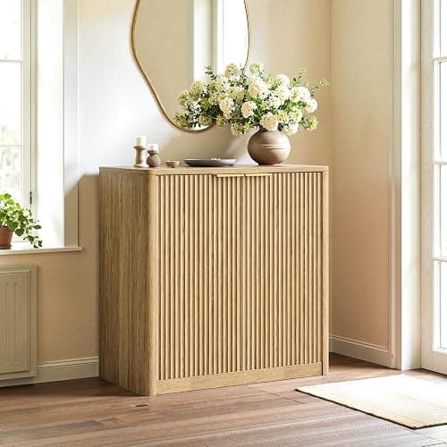 Evermagin 31.5" Oak Buffet Cabinet with Storage, Small Sideboard Cabinet, Boho Accent Credenza, Fluted Console Table with Doors for Dining Room, Kitchen, and Living Room thumbnail 4