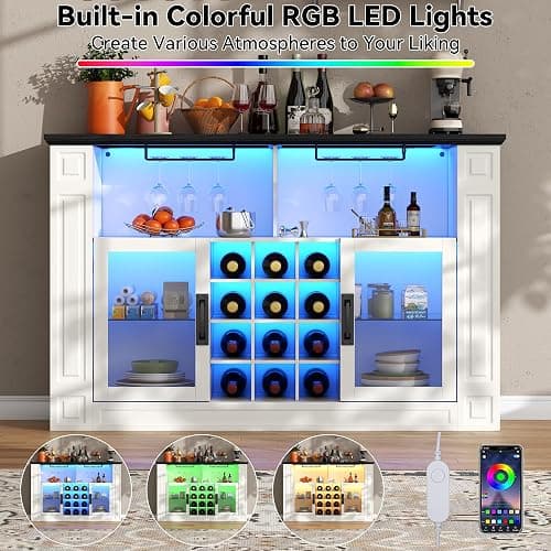 Gyfimoie Wine Bar Cabinet with LED Light, Kitchen Coffee Bar Cabinet with Glass Rack and Removable Wine Racks, Liquor Cabinet with Glass Door, Home Bar with Storage for Dining Room, Living Room thumbnail 3