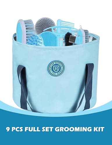 Harrison Howard Horse Grooming Kit 9-Piece Equine Care Series Horse Brush Sets with Organizer Tote Bag Soft Blue - Soft Blue（horse bag） thumbnail 2