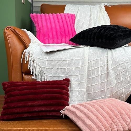 18x18 Throw Pillow Covers Set of 2, Decorative Faux Fur Covers for Bed, Couch Soft Fluffy Pillow Cover with Velvet Back for Living Room, Neutral Home Décor Accent for Sofa - Black thumbnail 6