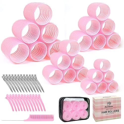 4 Sizes Self-Grip Hair Rollers Set with Clips - 4 Sizes for Long, Short Hair & Bangs (25mm, 36mm, 48mm, 60mm), Pink (PINK, 4 Sizes) - Image 1