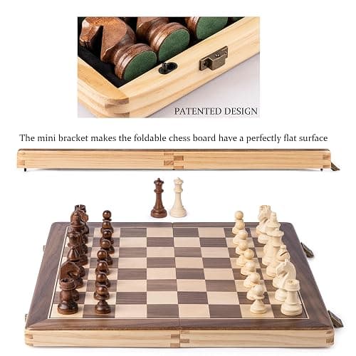 A&A 15" Magnetic Wooden Chess & Checkers Set/Folding Board / 3" King Height German Knight Staunton Chess Pieces/Walnut & Maple Inlaid /2 Extra Queen thumbnail 5