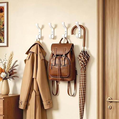 4 Pack Heavy-Duty Metal Double Coat Hooks, for Coats,Hats,Towels and Bags | Double Coat Hooks | white wall hooks | Individual screw-in mounting | Strong double hooks support up to 13.5 kg | Josmimic thumbnail 6
