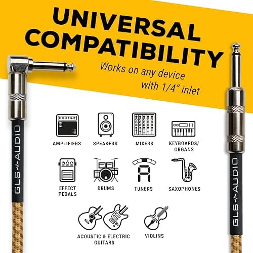 GLS Audio Instrument Cable - Amp Cord for Bass & Electric Guitar - Straight to Right Angle 1/4 Inch Instrument Cable - Brown/Yellow Braided Tweed, 20ft thumbnail 3