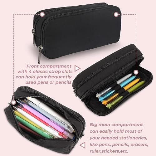 Della Gao Large Pencil Case, Big Capacity Pencil Pouch with 2 Compartments, Office Pencil Bag with Zipper, Big Pen Case for Adults (01-Black) thumbnail 3
