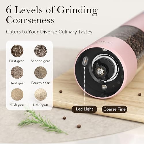 Ultrean Electric Pepper Grinder, Rechargeable Salt and Pepper Grinder with 6 Adjustable Coarseness, Automatic Grinder for Kitchen, LED Light, Christmas Gifts for Women, Pink thumbnail 3