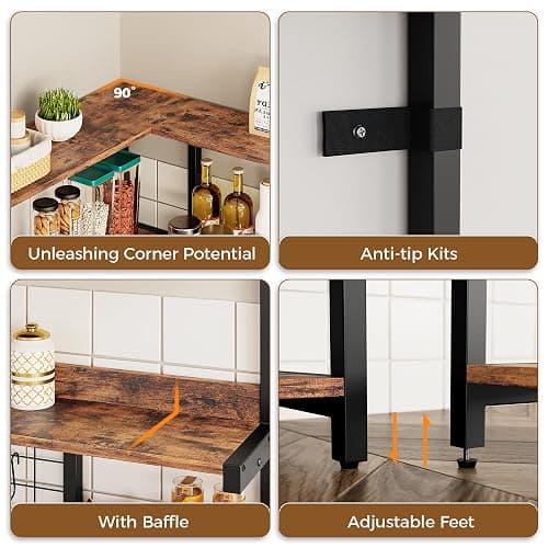 IRONCK Large Bakers Rack with Power Outlet, 6-Tier Corner Microwave Stand, Industrial Coffee Bar with Wine Rack, Hooks & Wire Baskets for Kitchen Spices/Pots, Rustic Brown thumbnail 8
