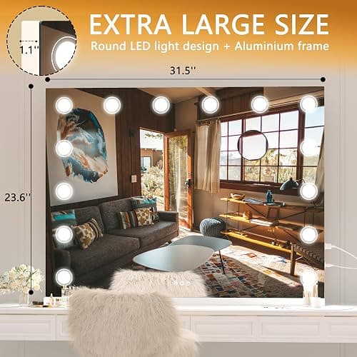 Hasipu Vanity Mirror with Lights, 32" x 24" Makeup Mirror, Light up Mirror with 14 Dimmable LED Lights and 10X Magnification, 3 Colors Modes, Touch Control, USB Charging Port, White thumbnail 2