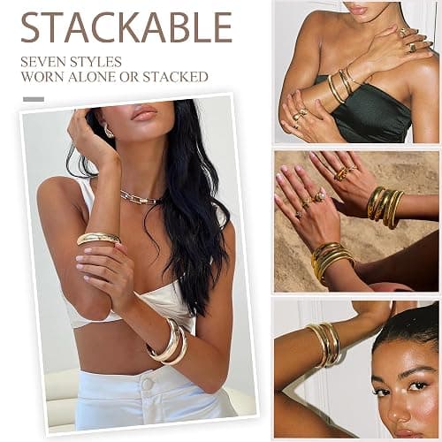 YEEZII Gold Bangle Bracelets for Women, 7Pcs 14K Gold Plated Boho Indian Multi Stackable Textured Bracelets, Chunky Bangles Set for Women Jewelry Gifts thumbnail 3