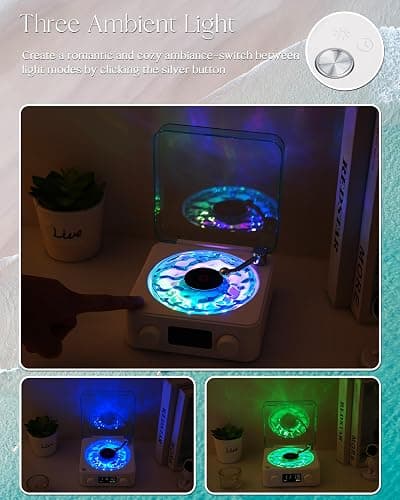 Waves Vinyl Bluetooth Speaker, Vinyl Record Player Style Speaker with Ocean Sound White Noise, Retro Bluetooth Speaker with Ambient Light and Timer, Mini Record Player Cute Speaker, White thumbnail 2