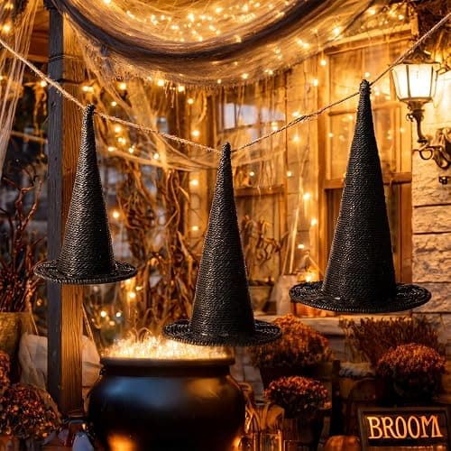 Beeveer 3 Pcs Halloween Rattan Witch Hat Decor, 14/12.2/10.2 Inch Handcrafted Black Rope Wizard Hats, 3D Rustic Farmhouse Spooky Decorations for Home Fireplace Door Table thumbnail 4