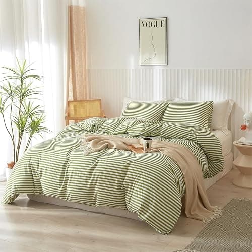 mixinni Striped Comforter Set Twin XL Size - Green White Stripes Pattern Bed Set for All Season, 3 Pieces Lightweight Bedding Comforter Sets for All Seasons (1 Soft Fluffy Comforter + 2 Pillowcases) thumbnail 3