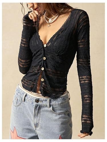 SOLY HUX Women's Button Down Lace Sheer Blouse Long Sleeve V Neck Shirt Tops Coquette Aesthetic Clothes thumbnail 4