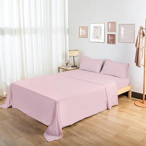HBHLFZ Queen Flat Sheet - Ultra Soft Polyester Top Sheet - Hotel Quality Bed Sheets - Comfortable Wrinkle-Free - Easy to Care for - 1 Queen Flat Sheet Only（Queen，Light Pink） thumbnail 7