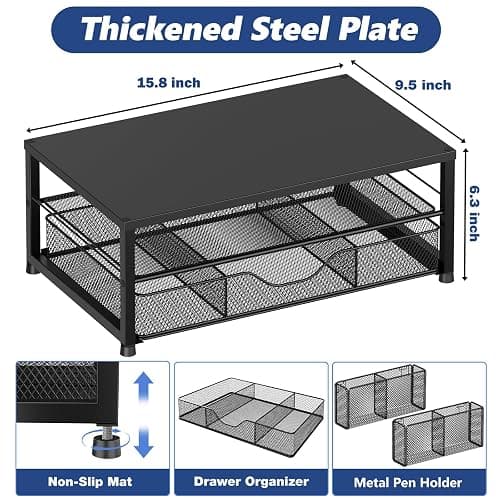 OPNICE Desk Organizer and Accessories, 2-Tier Computer Monitor Stand Riser with Drawer and 2 Pen Holders, Laptop Stand, Office Desk Accessories for Office Supplies, Black thumbnail 3