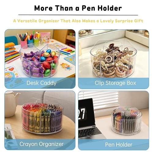 SUPEASY Acrylic Rotating Pencil Holder, 360° Clear Pen & Marker Organizer | Crayon Art Supply Organizer with 6 Compartments and Carry Handle for Desk, Home, Office, Classroom thumbnail 7