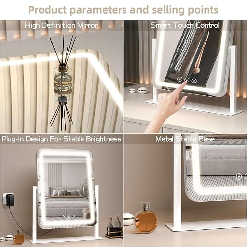 Vanity Mirror with Lights,13.1"×16.7"LED Makeup Mirror,Lighted Makeup Mirror with Lights, Smart Touch Control Dimmable 3 Modes Light, Lighted Up Mirror for Makeup Desk, Bedroom, Dressing Room thumbnail 6