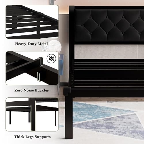 Feonase Twin Size Metal Bed Frame with Faux Leather Button Tufted Headboard, Heavy-Duty Platform Bed Frame with 12" Storage, Steel Slats Support, No Box Spring Needed, Noise Free, Black thumbnail 5