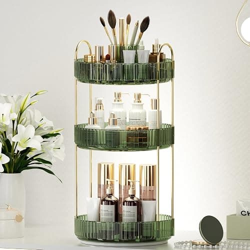 360° Rotating Makeup Organizer, Upgraded 3 Tier Skincare Perfume Organizers for Women, Bathroom Organizer Countertop, Clear Cosmetic Dresser Organizer with Makeup Brush Holder, Sink&Counter (Green) thumbnail 2