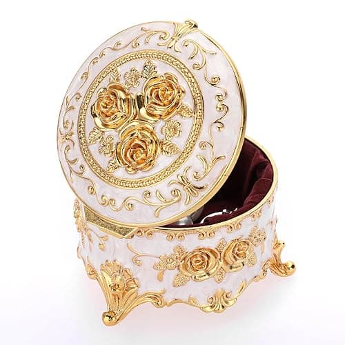 Hipiwe Vintage Round Jewelry Box Small Metal Trinket Storage Organizer | Gold Chest Ring Case Treasure Boxes Keepsake Boxes Earrings Necklace Storage Box Gift for Women thumbnail 8