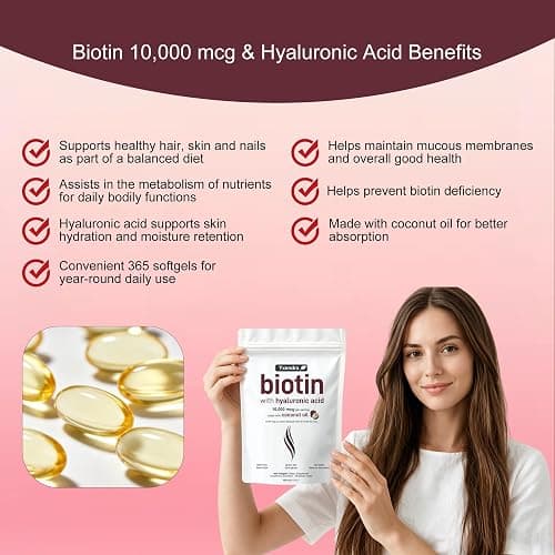 Biotin 10,000mcg Softgels with Hyaluronic Acid, Biotin for Hair Growth Supplement, Biotin Gummies for Hair Skin and Nails Vitamins, Chewable Non-GMO Biotine, 365 Softgels Made with Coconut Oil (1 Pack) thumbnail 3