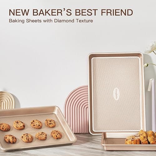 HONGBAKE Baking Sheet Pan Set of 3, Cookie Sheets for Oven, Nonstick Half/Quarter/Jelly Roll Pans with Diamond Texture Pattern, 0.8mm Thick Heavy Duty Cookie Tray, Champagne Gold thumbnail 8