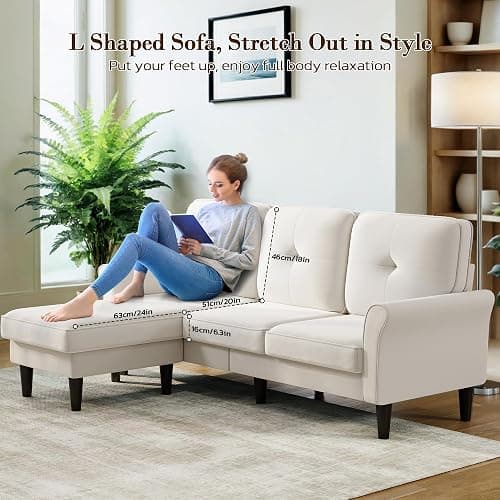 Welzona Sectional Couches for Living Room, 83" Velvet Modern 3 Seater Sofa, L Shaped Couch with Ottoman, Small Sectional Couch Sofas for Living Room, Bedroom, Apartment, Office, Beige Sofa - Beige White - 83" L Shaped thumbnail 3