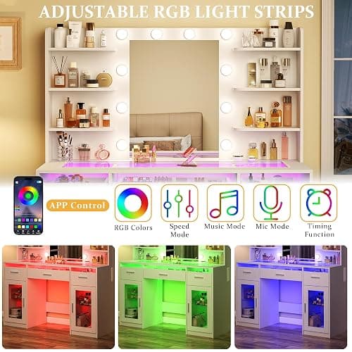 HUAHUU Vanity Desk, Makeup Vanity Desk with Mirror and Lights 3 Colors, Transparent Top with 3 RGB Drawers, 6 Shelves, 2 Large Tempered Cabinets, Power Outlet, for Bedroom, White thumbnail 4