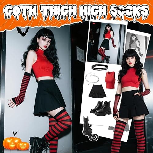 Zando Halloween Striped Women Thigh High Socks Fingerless Gloves Arm Warmers Thigh Highs Over the Knee Socks Leg Warmers thumbnail 6