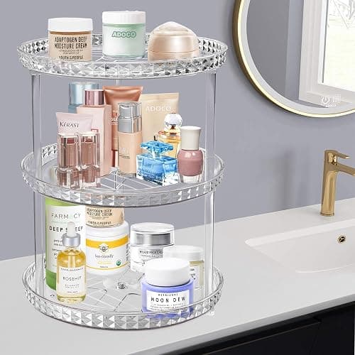 3 Tier Diamond Lazy Susan Bathroom Organizer Countertop, Clear 360 Rotating Cosmetic Makeup Organizer for Vanity, Skincare Organizers Perfume Organizer for Counter - Organization and Storage -9.25INCH thumbnail 2
