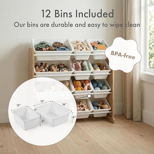 Humble Crew Kids Toy Organizer with 12 Bins, 4 Tier Storage for Playroom | Sturdy wood and steel toddler shelf, removable BPA-free containers, wall anchor anti-tip safety kit for bedroom or classroom thumbnail 5