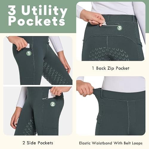 FitsT4 Sports Girls Winter Riding Pants Fleece Lined Riding Breeches Kids Full Seat Equestrian Pants Tights with Pockets thumbnail 3