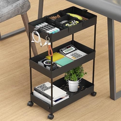 SPACELEAD 3 Tier Rolling Cart with Wheels, Storage Craft Art Trolley Organizer Serving, 3 Hanging Baskets Easy Assembly, for Office, Bathroom，Living Room, Kitchen, Black thumbnail 7