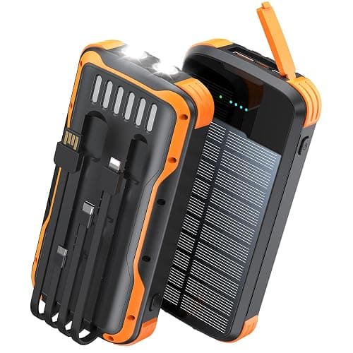 SOXONO Solar Power Bank 40000mAh PD20W Fast Charging Portable Solar Charger | Built-in 4 Cables, 3 Ports, Dual Bright Flashlight, External Battery Pack for Camping, Hiking, and Outdoor Use, Orange - Image 1