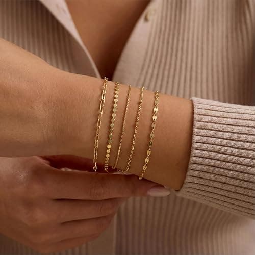 Dainty Simple Gold Bracelets for Women, Stackable Satellite Paperclip Lip Bracelet Set Tiny Lip Dot Chain Box Link for Handmade Gift Minimalist Cute Trendy Jewelry Gold Accessories for Women thumbnail 2