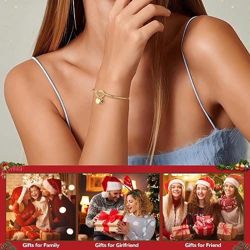 Turandoss Christmas Gifts for Grandkids, Dainty 14K Gold Plated 12 Months Disc Initial Birthstone Heart Knot Bangle Bracelet Birthday Bridesmaid Bracelet Jewelry for Women Girls thumbnail 4