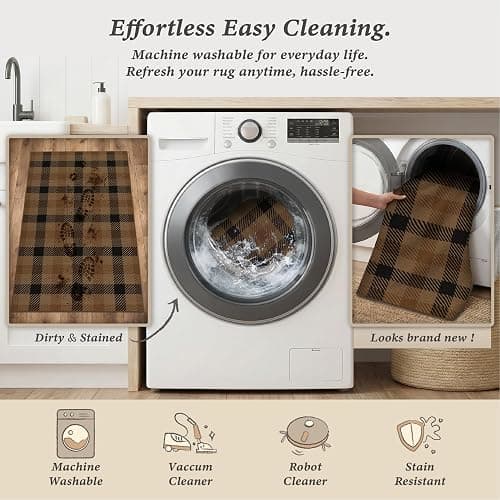 Easy Jute Brown Checkered 3x5 Entryway Rugs - Dark Plaid Rug Indoor Door Mats for Entrance, Front Porch, Outdoor Balcony, Kitchen Floor, Washable Non Slip Earthy Rustic Neutral Décor thumbnail 6