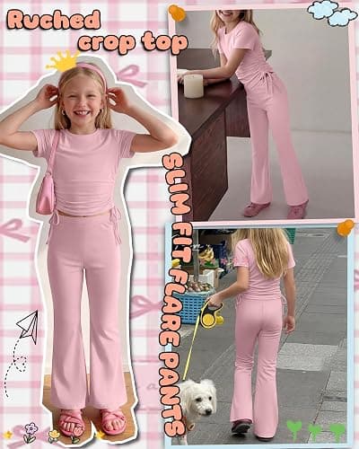 Vinsatin Girls' 2 Piece Short Sleeve Outfits | Side Ruched Slim Fit Tops and Flared Pants, Tween Casual Clothes Sets for 5-14Y, Crew Neck Stretchy Shirts, Airplane Outfit thumbnail 4