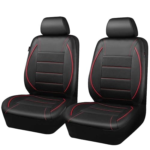 CAR PASS Universal FIT Piping Leather Two Front Seat Covers, Waterproof Faux Leather for SUV Sedan Van Truck, Airbag Compatible,Reserved Opening Holes for Headrest Covers. (Black red) thumbnail 9