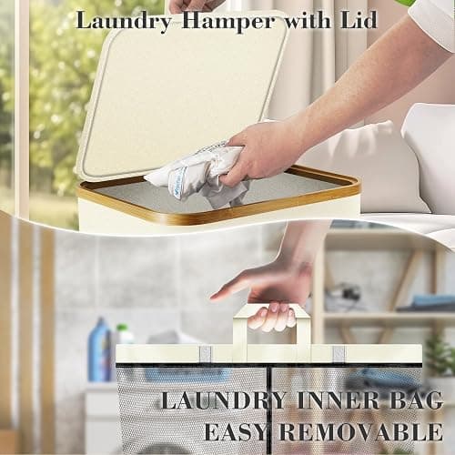 Laundry Hamper with Wheels,20 Gal (75L) Laundry Basket with lid Rolling Clothes Hamper Foldable Dirty Clothes Basket on wheels with Bamboo Frame and Bag for Bedroom, Dorm, Laundry Room-Off White thumbnail 5