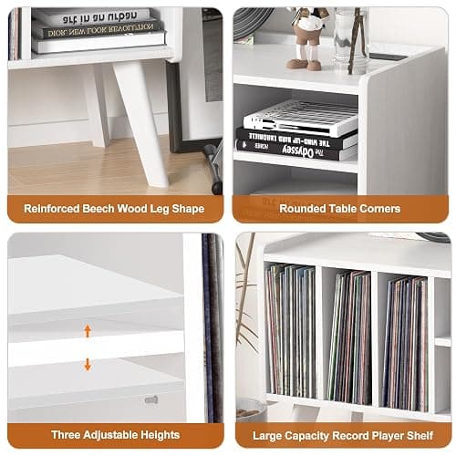 Forevich Record Player Stand Table with Vinyl Storage Holder Large Turntable Record Stand with Power Outlet Holds Up to 220 Albums Display Shelf Cabinet with Wood Legs for Living Room White - White thumbnail 6