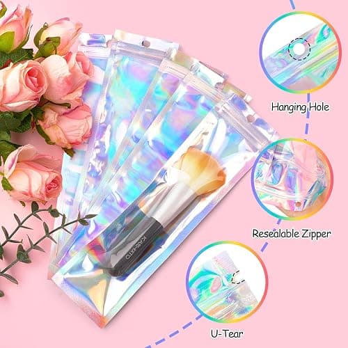 FUNFERY 100 Pack Holographic Bags Clear Window Resealable Bags for Candy Party Favor, Mylar Zipper Bag Stripping Foil Pouch Packaging Bag for Pen,Jewelry,Brushes Small Business Supplies(2.7x9in) thumbnail 4