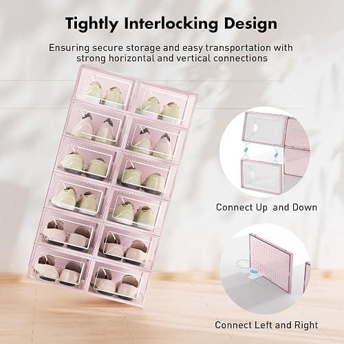 Foluck Shoe Storage Box, 15 Pack Clear Plastic Stackable Shoe Organizer for Closet, Interlocking Design Shoe Container Bins for Sneakers, Foldable Shoe Rack with Lids, Pink thumbnail 3