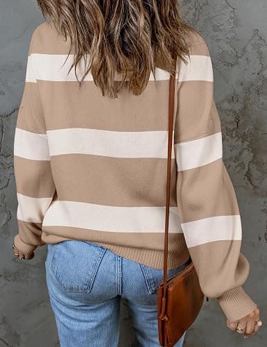 ZESICA Women's 2025 Fall Fashion Turtleneck Long Sleeve Striped Ribbed Knit Loose Pullover Sweater Tops thumbnail 4