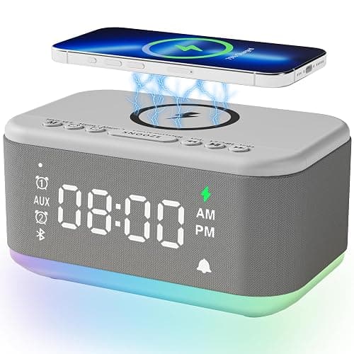 Fansbe Tech Alarm Clock Speaker Wireless Charger, Digital Alarm Clocks Bedrooms Bluetooth, Alarm Clock Dimmable Light Bedrooms Dual Alarm Snooze Dimmer 12 24H RGB Night Light Bluetooth USB AUX, Gray - Gray - Image 1